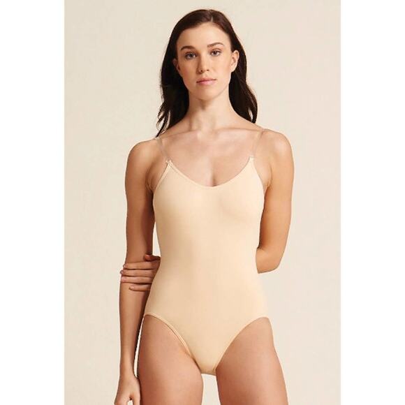 Capezio Nude Leotard Clear Straps Tan Bodysuit Gymnastics Dance Sz Medium - Picture 2 of 9